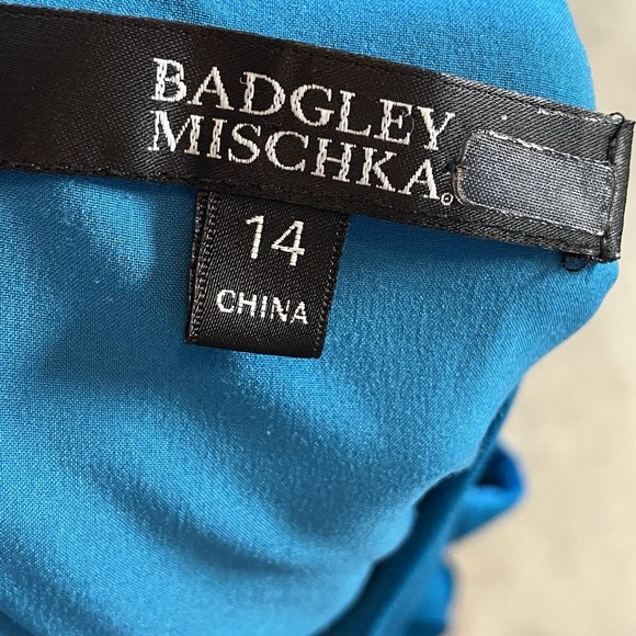 Badgley Mischka Dress Womens 14 Bright Aqua Ruffle Gown High Neck Maxi Turquoise - Picture 8 of 9